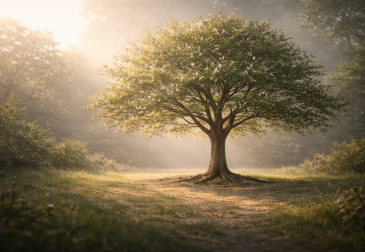 やわらかな光と影の中で、根・幹・枝・葉・花が整った一本の樹が静かに立つ情景。陰陽五行と経営の五要素の調和を象徴するイメージ。