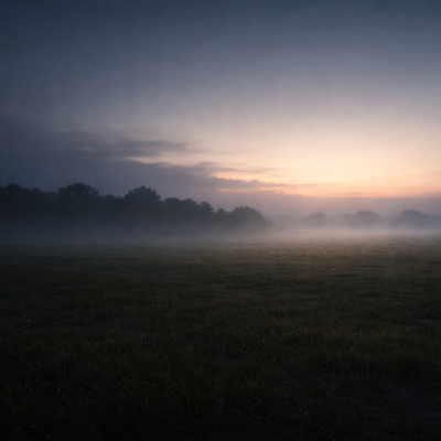薄明の空の下、暗がりの地平線の向こうにわずかな光が差し込む静かな風景。希望と絶望が遠く離れず共にあることを象徴するイメージ。