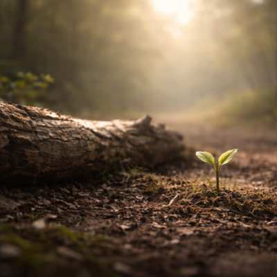 静かな自然の中で、倒れた古木の脇から若い芽が伸びる情景。終わりの先に新しい始まりが宿ることを象徴し、倒産を再出発として見つめる思想を表したイメージ。
