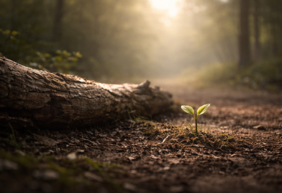 静かな自然の中で、倒れた古木の脇から若い芽が伸びる情景。終わりの先に新しい始まりが宿ることを象徴し、倒産を再出発として見つめる思想を表したイメージ。