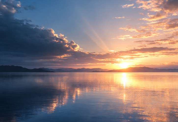 柔らかな光と影が交わる静かな地平線の風景。対立する力が調和へ向かう様子を象徴するミニマルな情景。