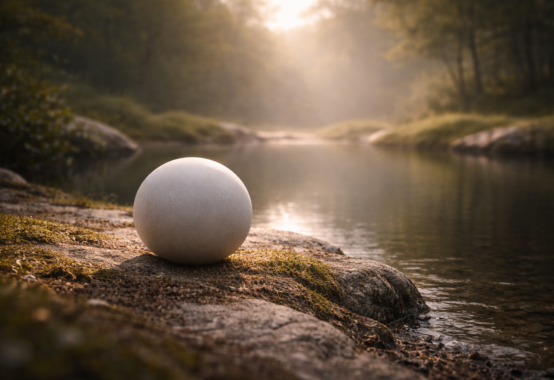 やわらかな自然光の中で、丸い玉が静かに置かれた穏やかな風景。角を立てず調和の中で丸く収める生き方を象徴するイメージ。