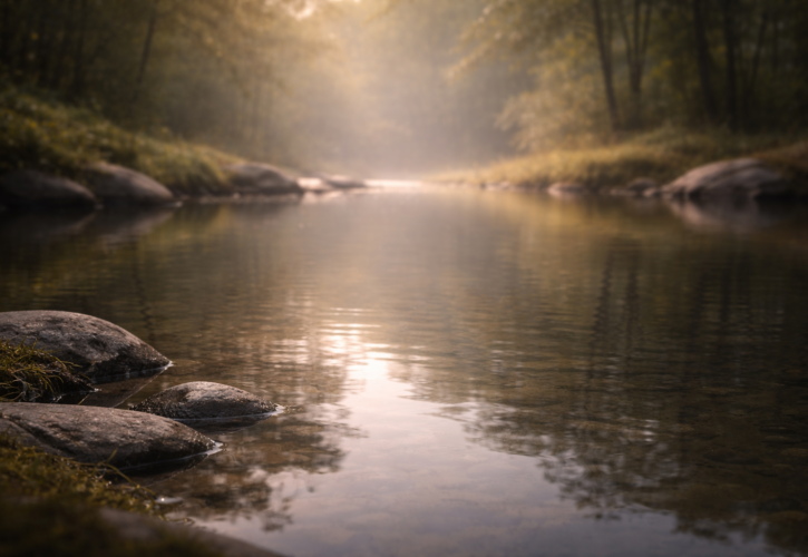 静かな水面に映る影と柔らかな光が重なり合い、善悪の対比と自己の内面を映し出す調和の象徴的な情景