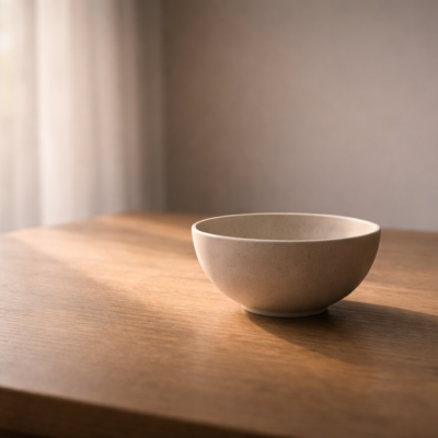 柔らかな自然光に照らされた器と静かな影が、心を主とし身体を整える調和ある生き方を象徴する落ち着いた情景