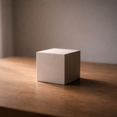 光に照らされた一部と影に沈む一部が対比する静かな物体が、本質を失うことで廃れていく内面の象徴として表現された情景