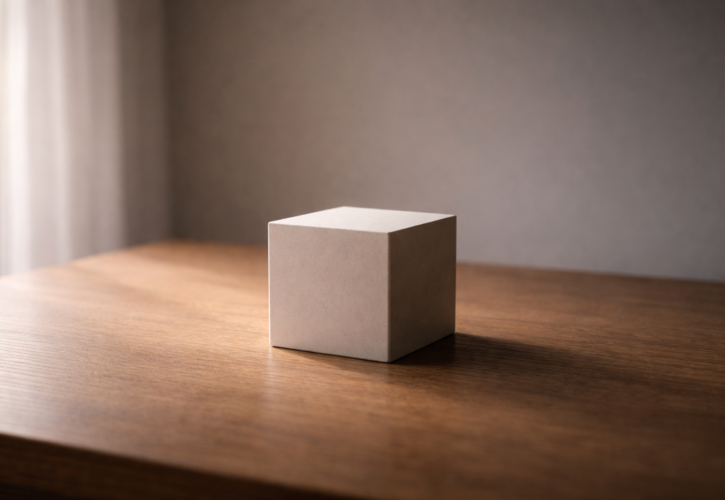 光に照らされた一部と影に沈む一部が対比する静かな物体が、本質を失うことで廃れていく内面の象徴として表現された情景