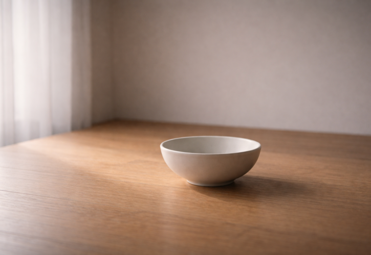 簡素な器にやわらかな自然光が差し込む静かな情景が、足るを知る心と清貧の豊かさを象徴している