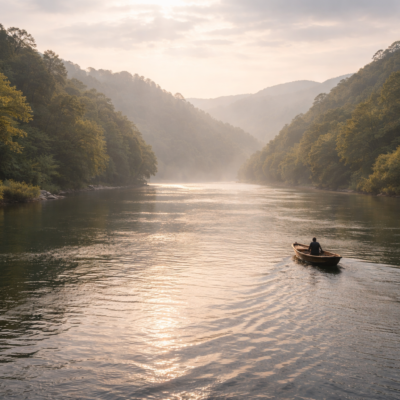 流れに呑まれず静かな川を進む舟が責任と役割を象徴するイメージ
