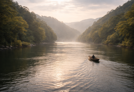流れに呑まれず静かな川を進む舟が責任と役割を象徴するイメージ