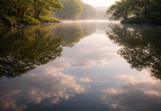 水面に空と木々が調和して映る知識と真理の統合を象徴するイメージ