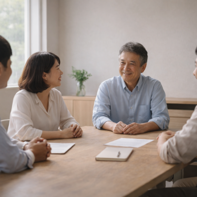 経営者と社員が穏やかに対話し働き甲斐と融和を感じる職場のイメージ