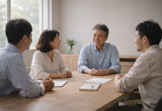 経営者と社員が穏やかに対話し働き甲斐と融和を感じる職場のイメージ