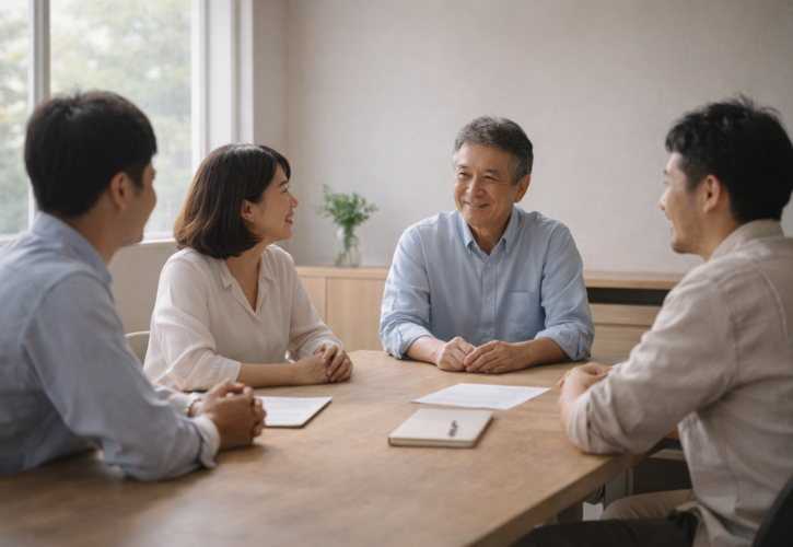 経営者と社員が穏やかに対話し働き甲斐と融和を感じる職場のイメージ