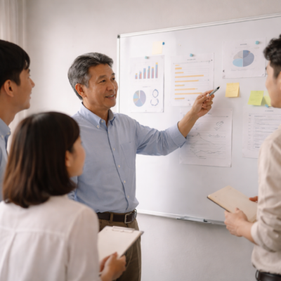 社長と社員が情報共有し意見を交わす快適な職場環境のイメージ