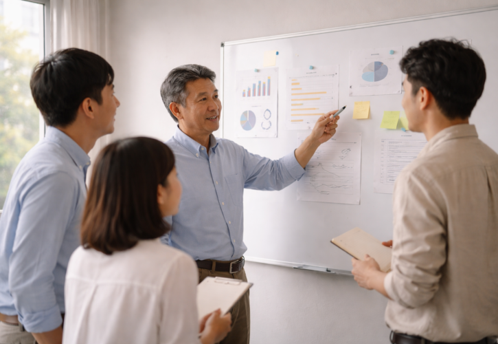 社長と社員が情報共有し意見を交わす快適な職場環境のイメージ