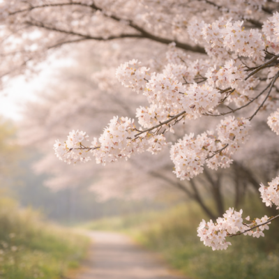 自然に咲き誇る満開の桜が真理と実践の調和を象徴するイメージ