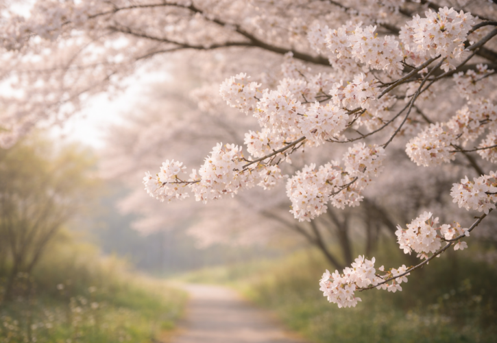 自然に咲き誇る満開の桜が真理と実践の調和を象徴するイメージ
