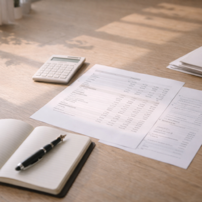 月次決算書と整った机が黒字化と未来への灯火を象徴するイメージ