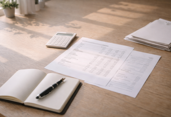 月次決算書と整った机が黒字化と未来への灯火を象徴するイメージ