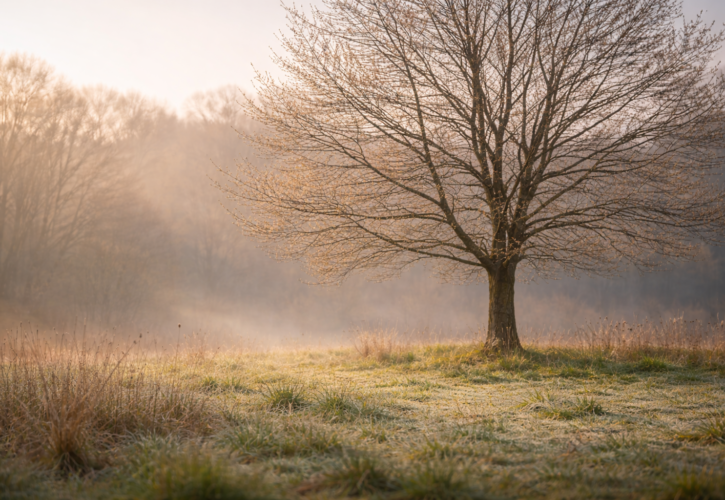 花の咲く前に静かに根を張る樹が経営の成長を象徴するイメージ
